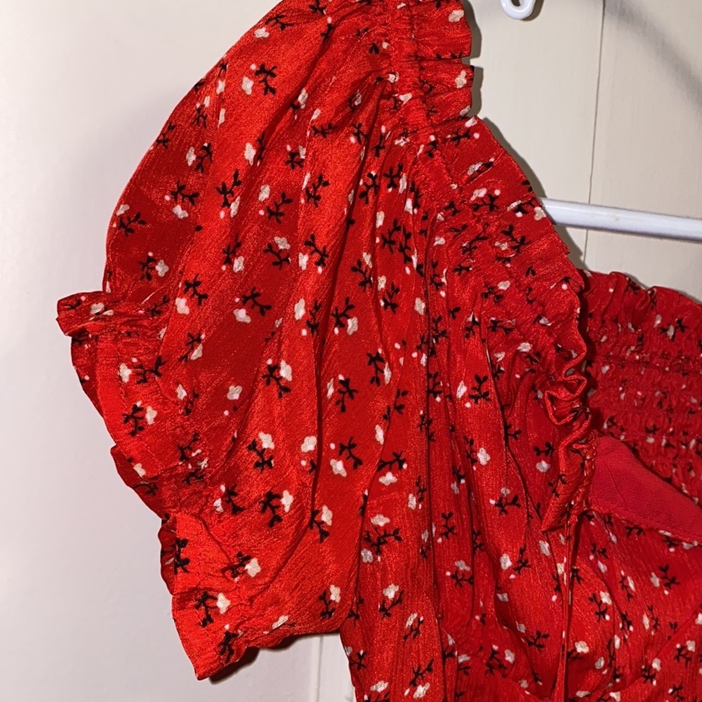 Red Floral Large Off The Shoulder Red Mini Dress - Picture 11 of 15